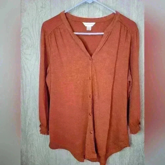 Christopher &Banks burnt orange textured button-down long sleeve blouse size LG. - Picture 1 of 7